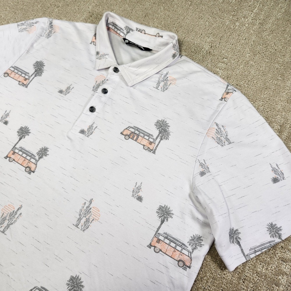 Travis Mathew Polo Shirt Men XL Volkswagen Bus Four Wheeling AOP Floral Golf